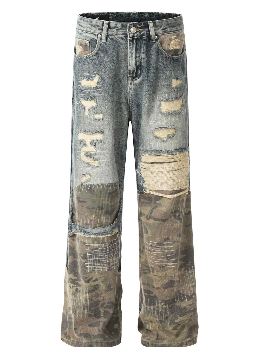 Men's Distressed Camouflage Patchwork Jeans, image 2