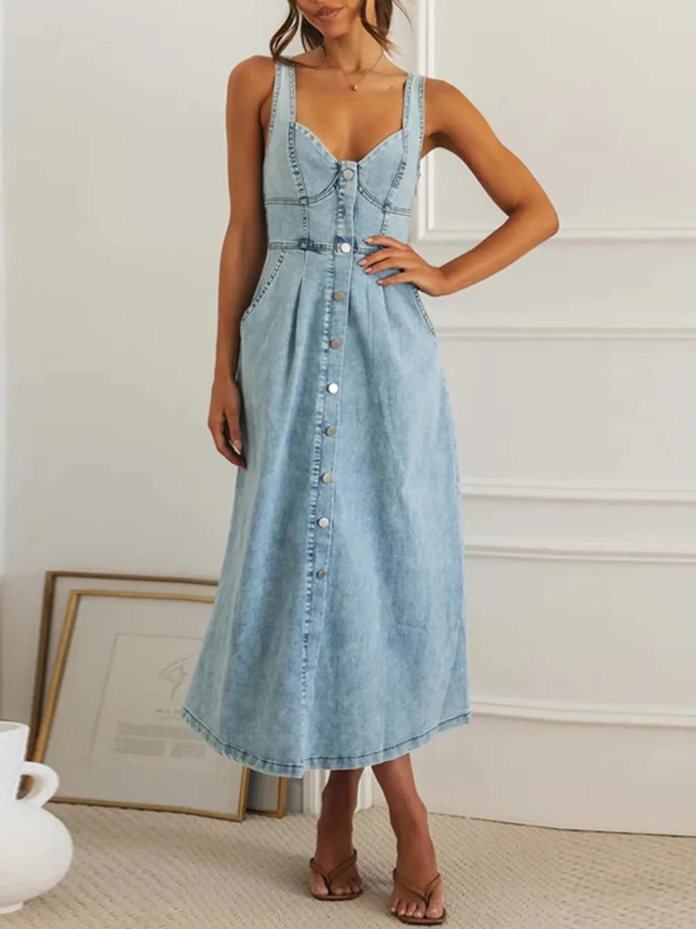 Sweetheart Neck Button-Front Midi Denim Dress, image 3