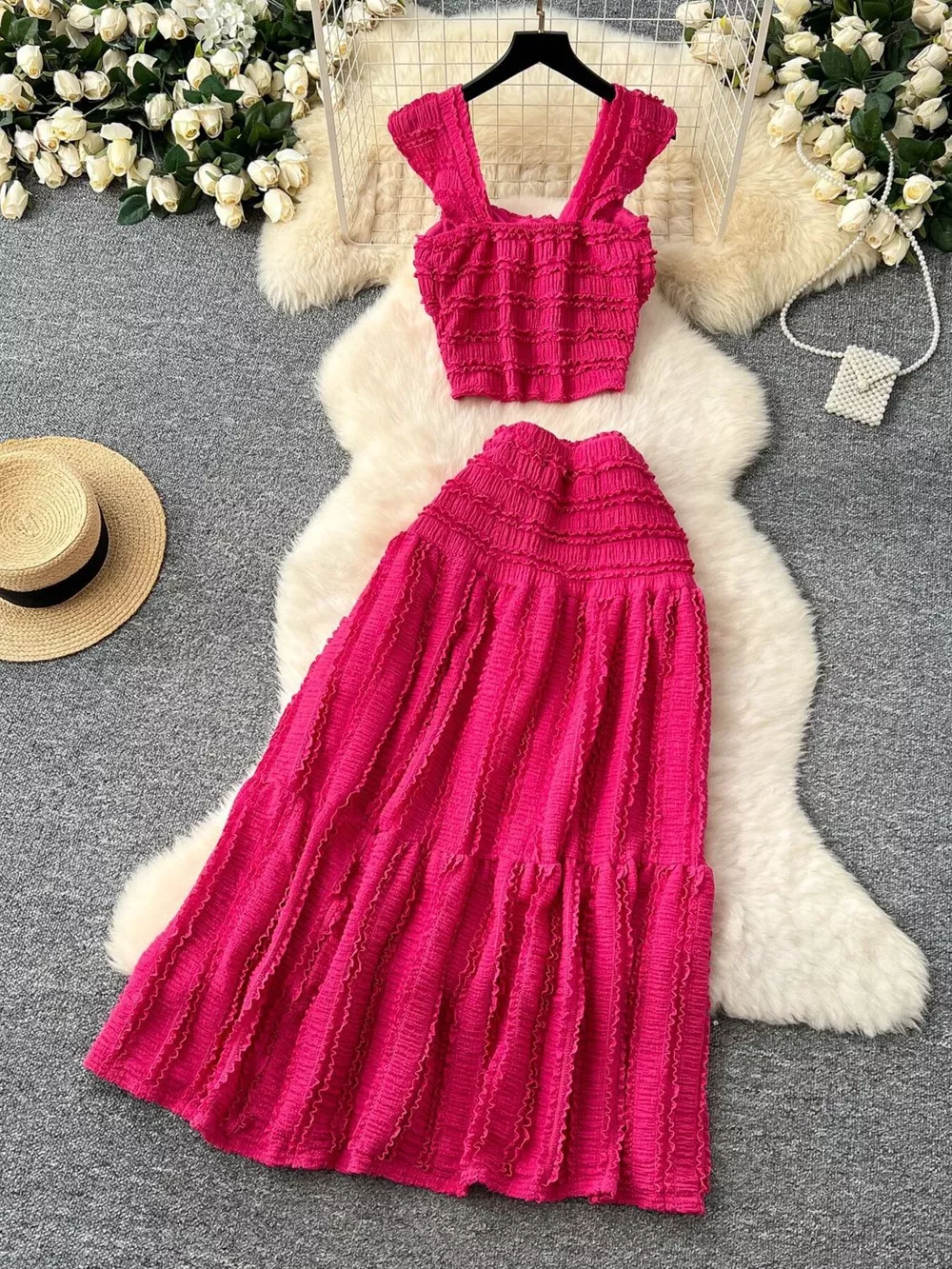 Textured Crop Top and Tiered Skirt Set, image 3
