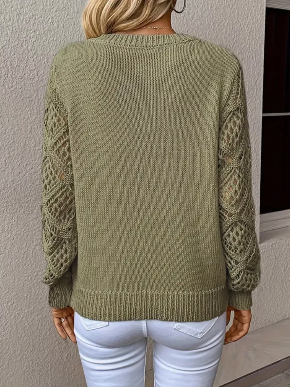 Openwork V-Neck Long Sleeve Sweater, image 5