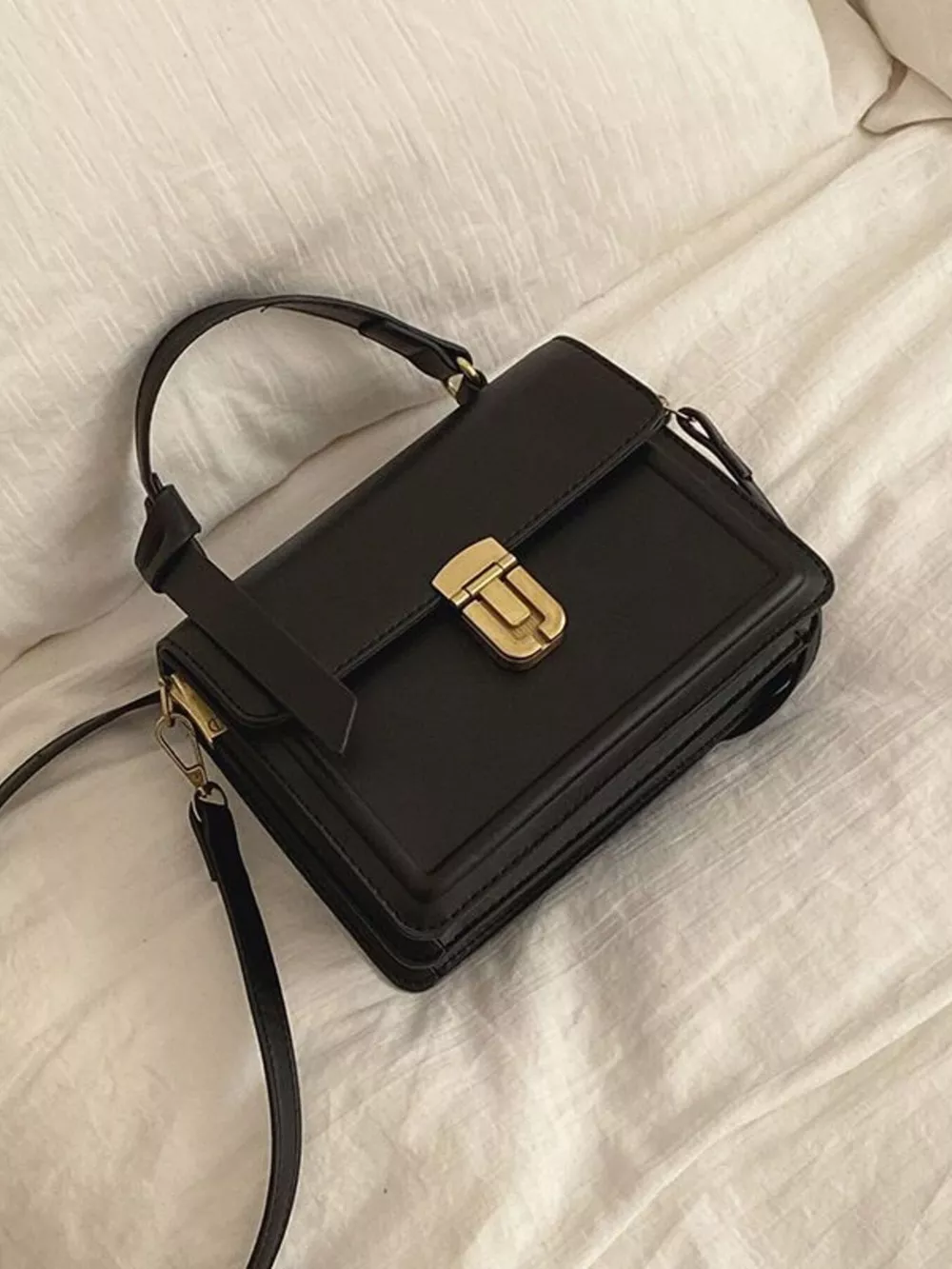 Leather Crossbody Bag with Golden Clasp