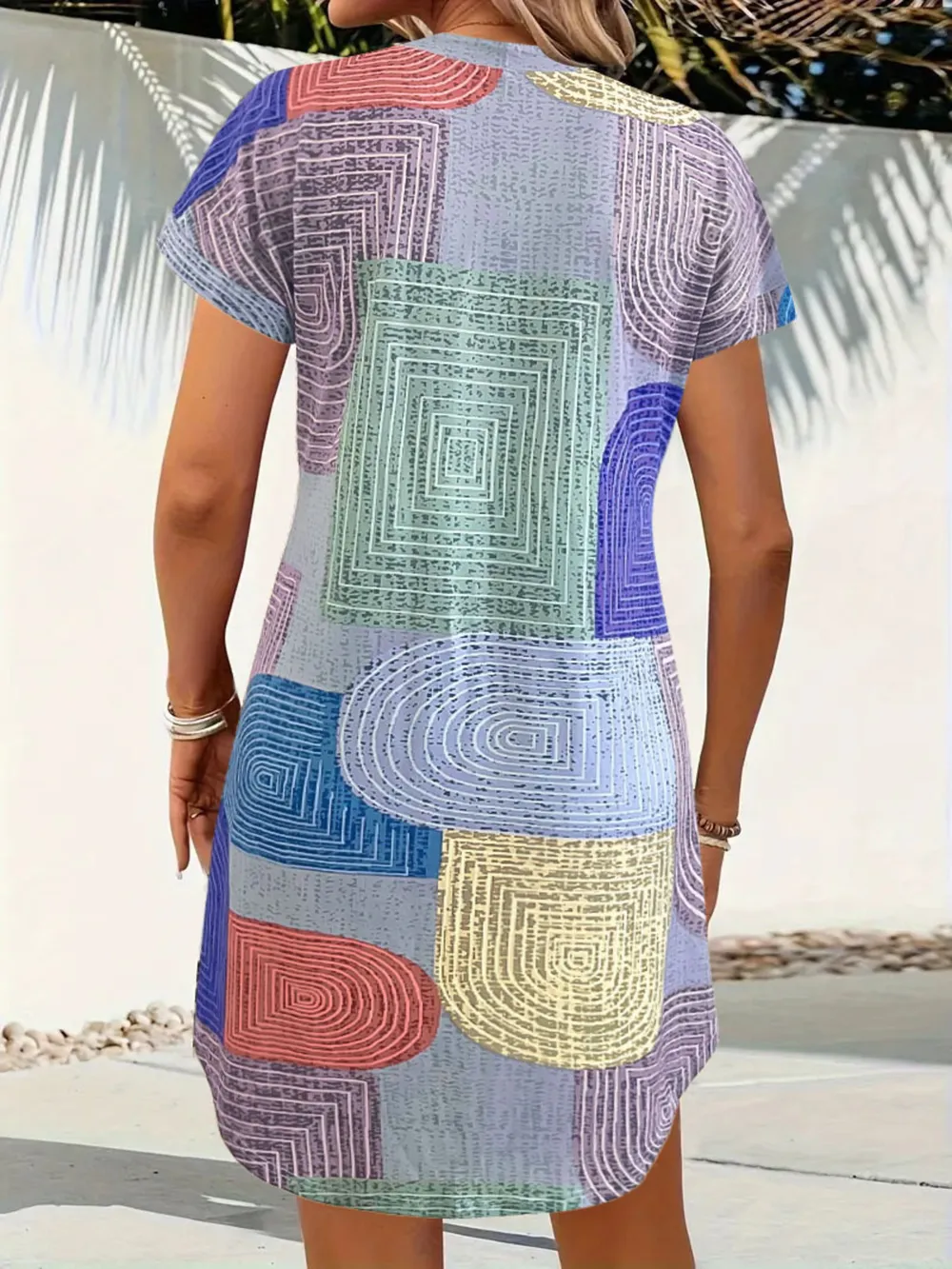 Geometric V-Neck Short Sleeve Button-Front Dress, image 7