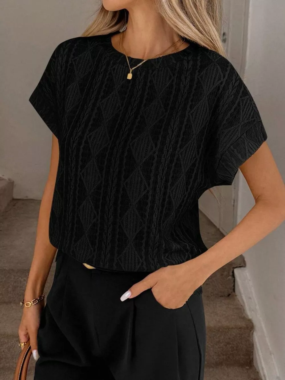 Diamond Pattern Round Neck Top, image 9