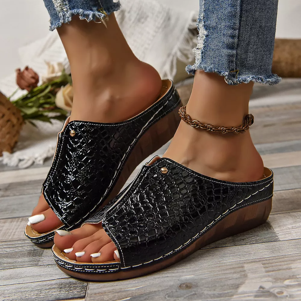 Crocodile-Embossed Wedge Sandals, image 5