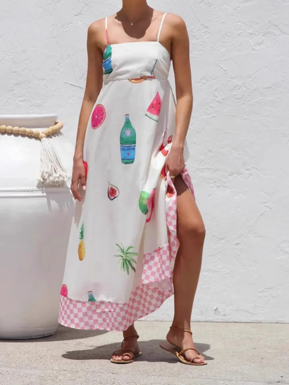 Printed Checkered Hem Cami Midi Dress, image 3