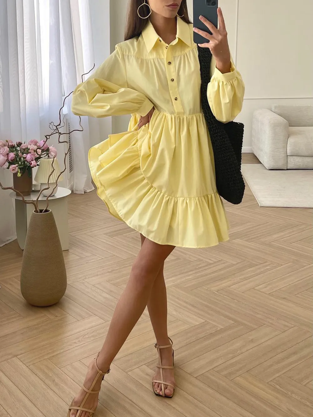 Tiered Long Sleeve Shirt Dress, image 6