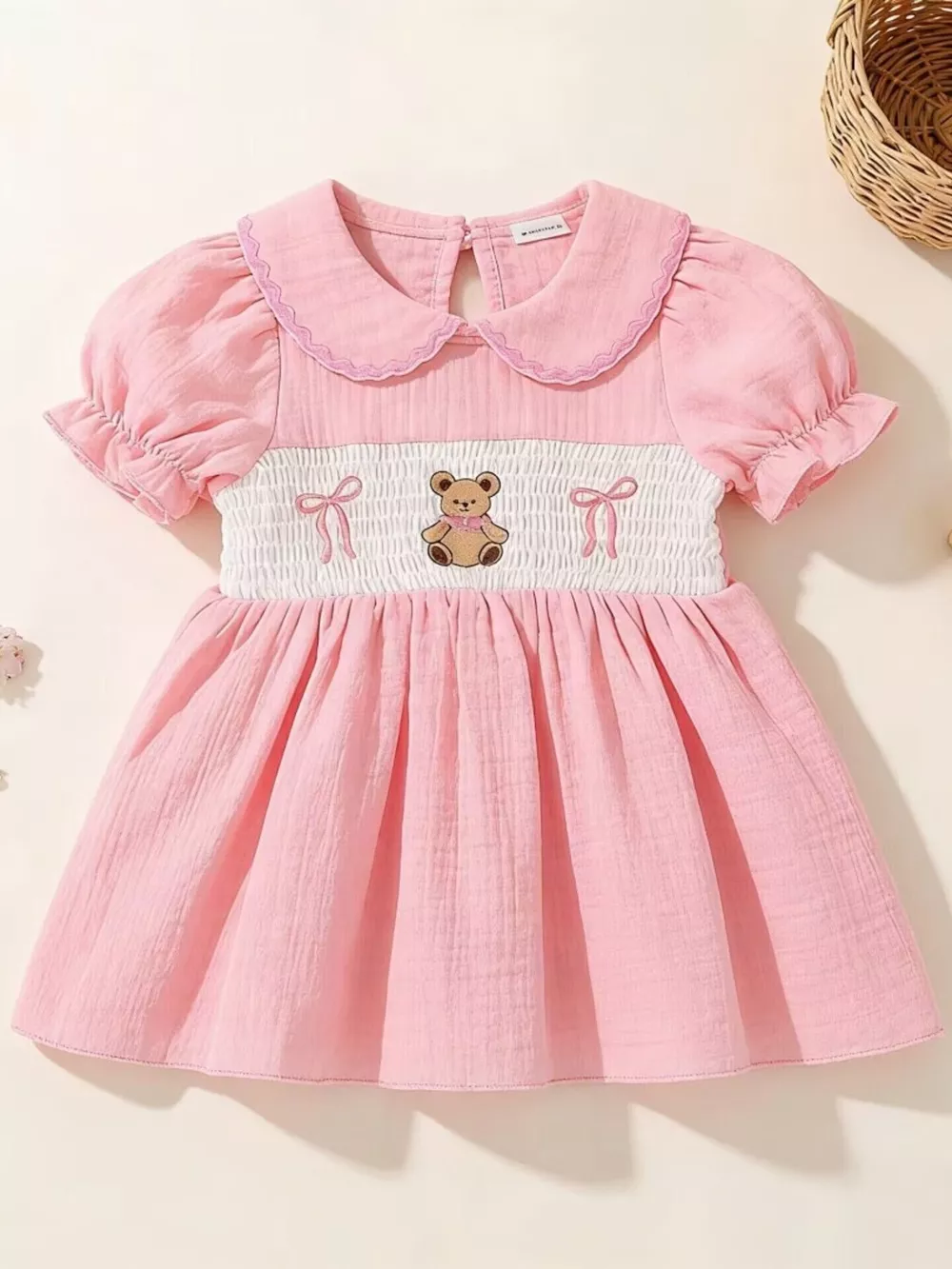 Children's Bear Embroidered Smocked Dress