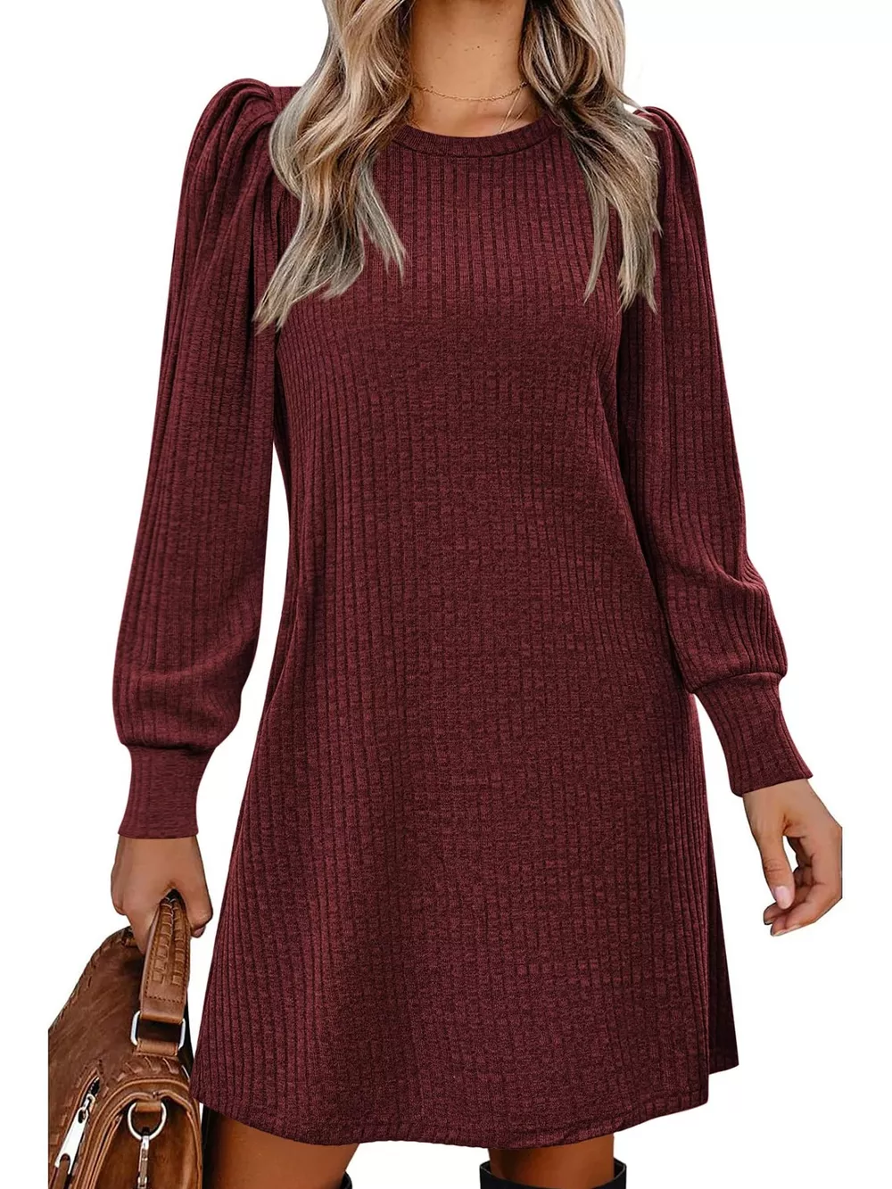 Ribbed Knit Puff Sleeve Casual Mini Dress, image 10
