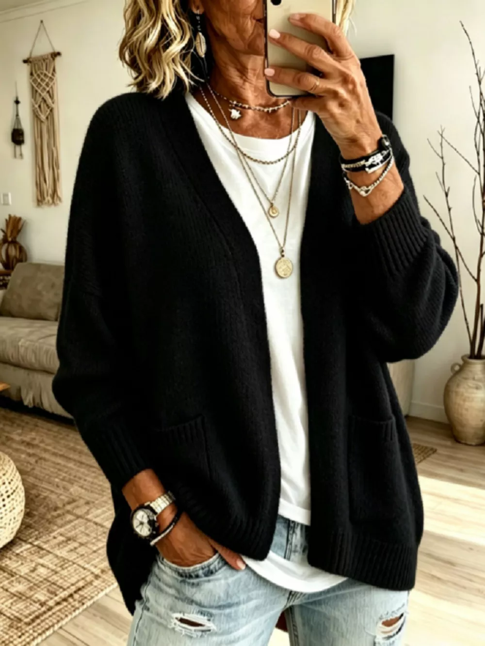 Open Front Knit Cardigan with Pockets, image 5