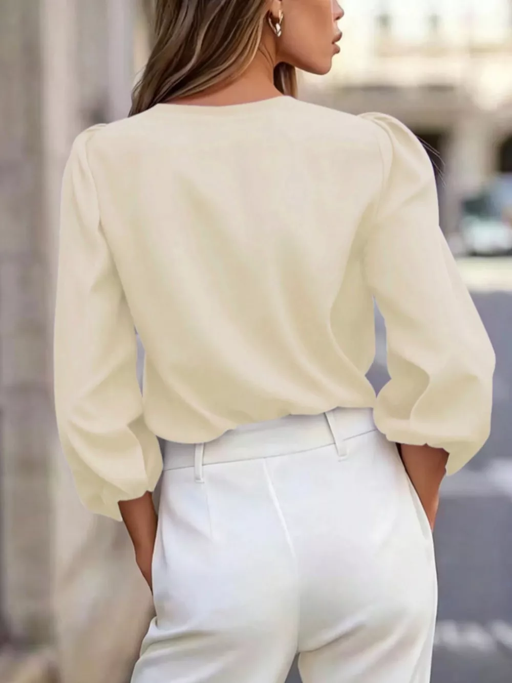 Elegant V-Neck Puff Sleeve Button-Down Shirt, image 12