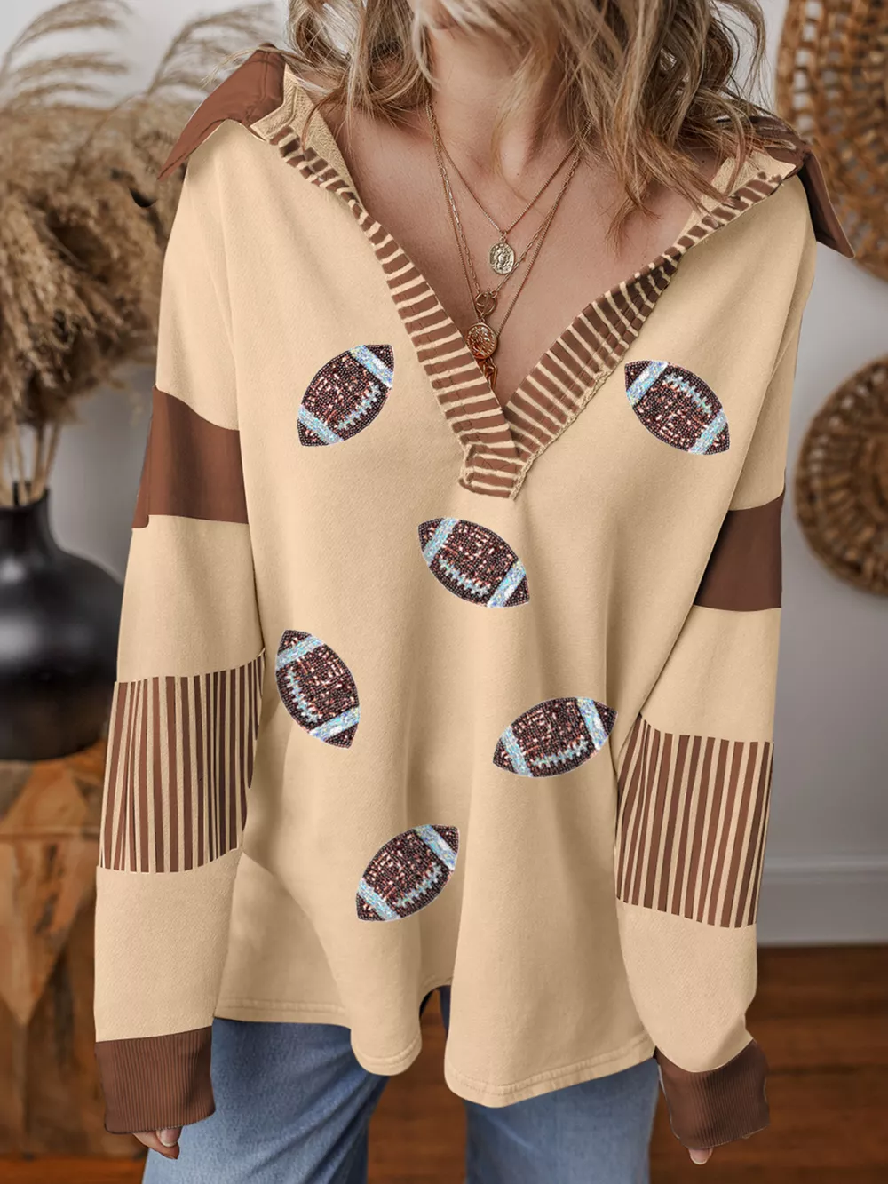 Color Block Striped Patchwork Sequin Rugby Graphic Polo Sweatshirt, image 6