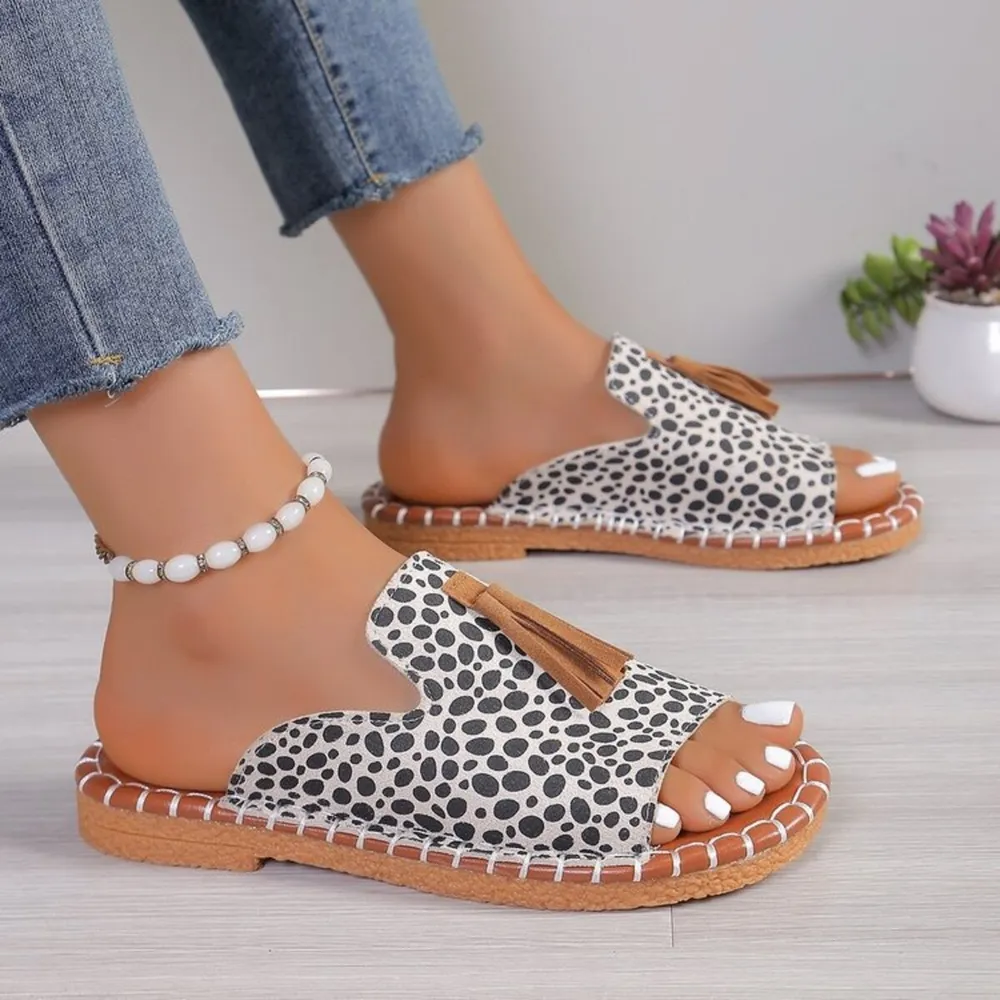 Leopard Print Tassel Flat Sandals, image 5
