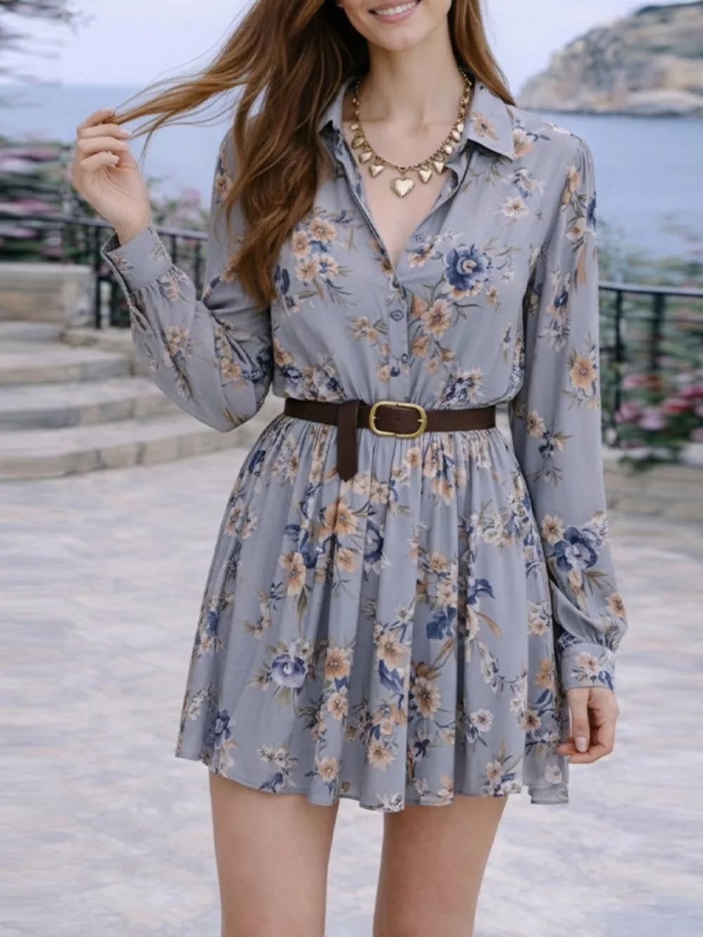 Full Size Floral Print Long Sleeve Shirt Dress Plus Size, image 4