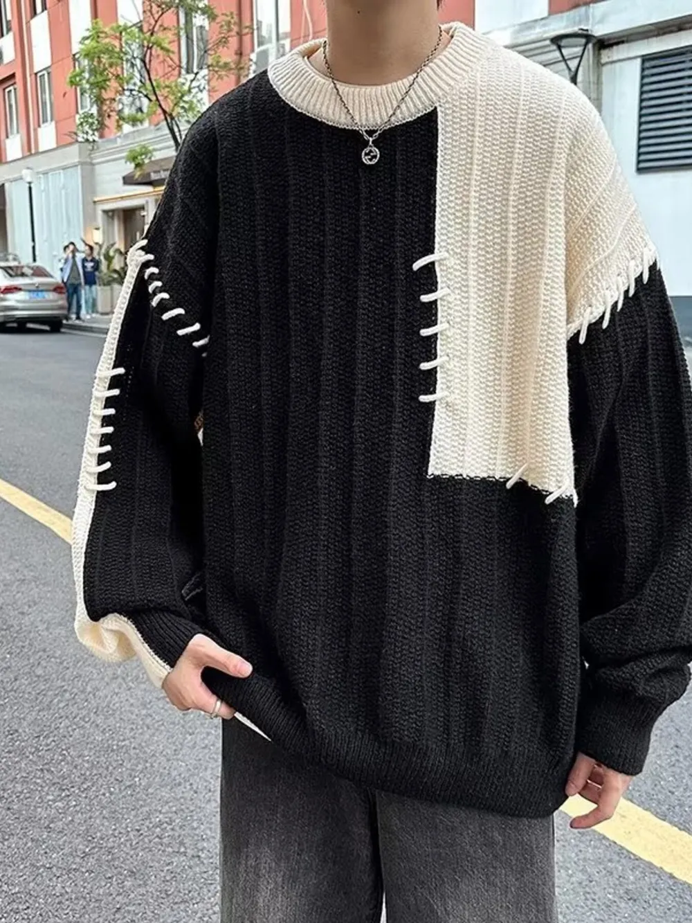 Men's Color Block Round Neck Knitted Pullover, image 8