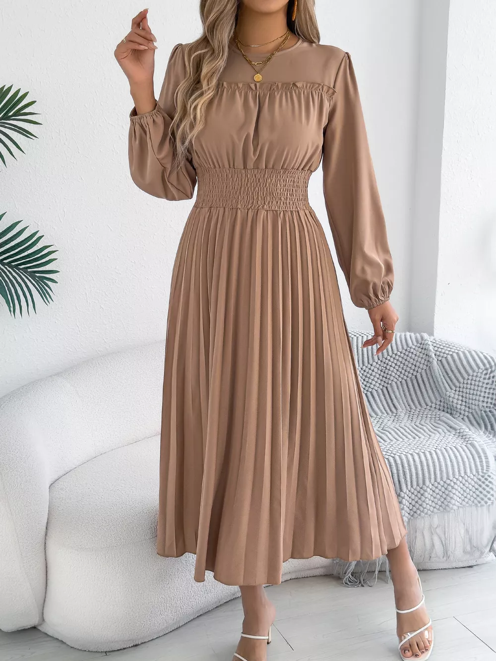 Smocked Pleated Long Sleeve Midi Dress, image 4