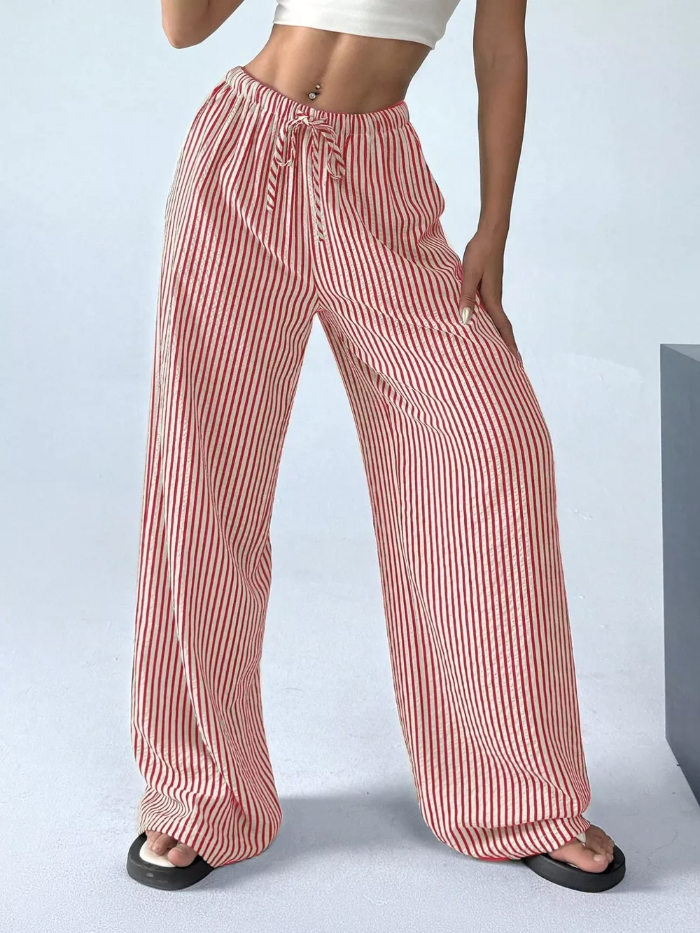 Full Size Striped Drawstring Waist Wide Leg Pants Plus Size, image 4