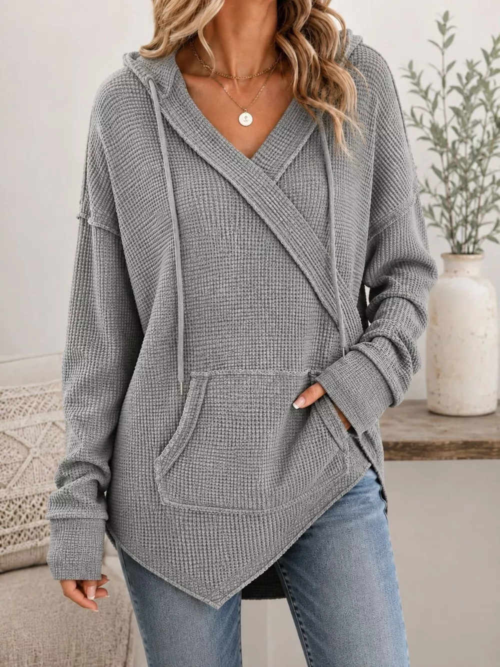 Drawstring Waffle Knit Hoodie, image 4