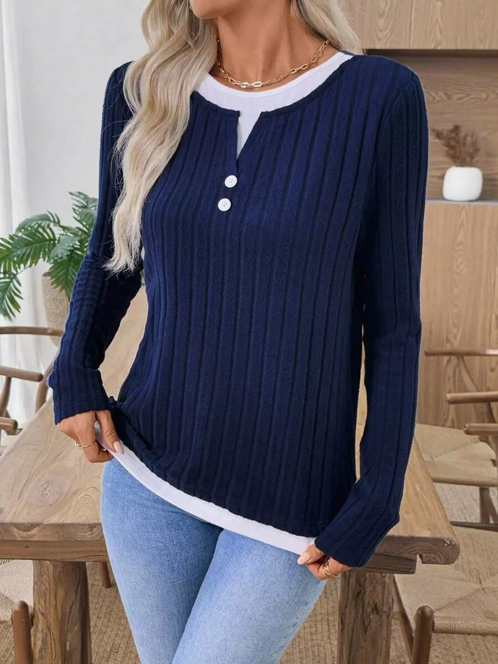 Ribbed Knit Button Detail Contrast Sweater, image 12