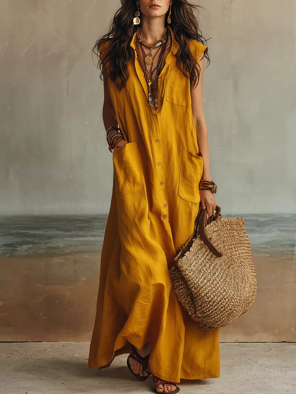 Sleeveless Button-Down Linen Maxi Dress, image 2