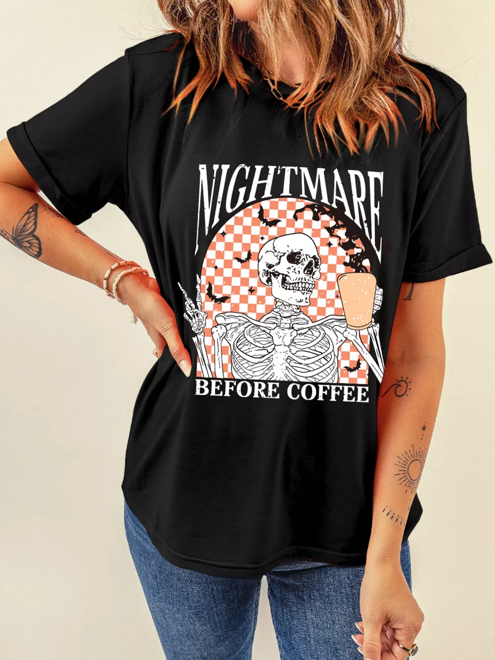 Halloween Skull Checkerboard Graphic Round Neck T-Shirt, image 3