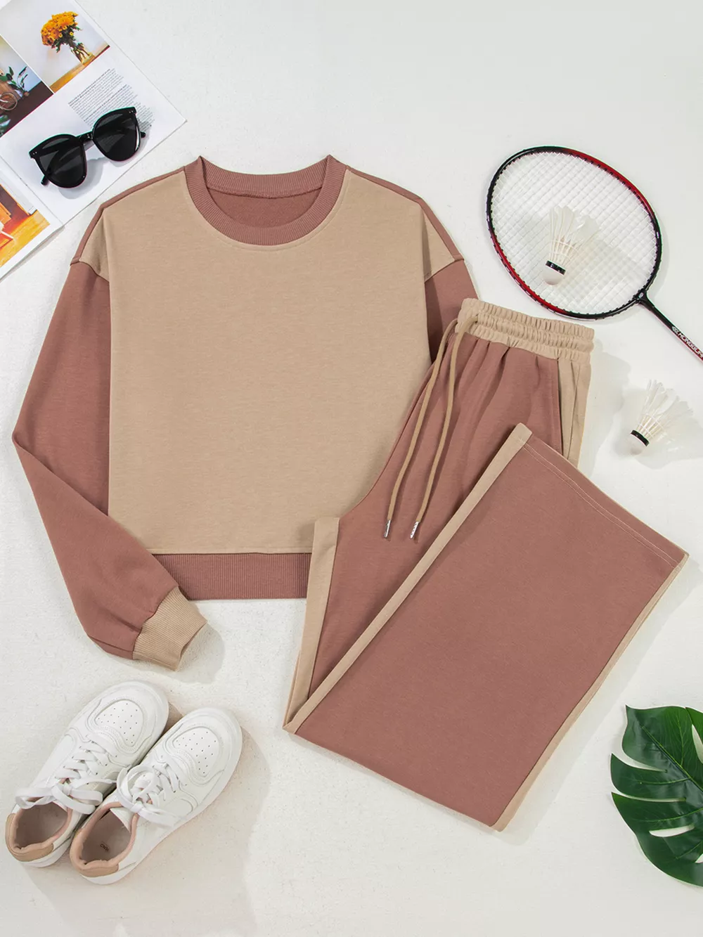 Color Block Long Sleeve Crop Top Drawstring Pant Set, image 6