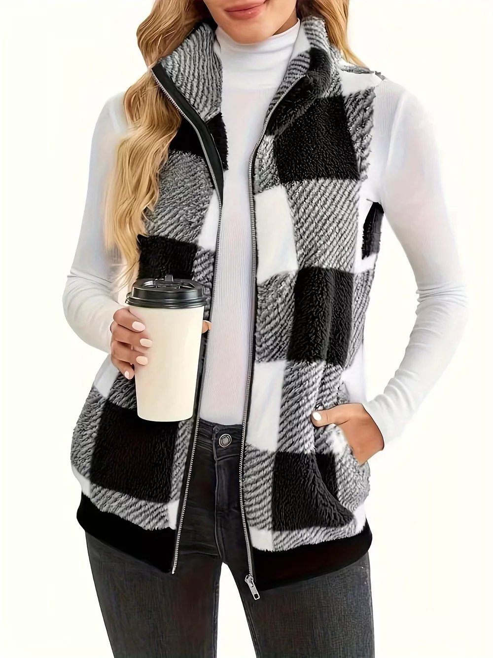 Plus Size Cozy Plaid Fleece Vest Coat, image 2