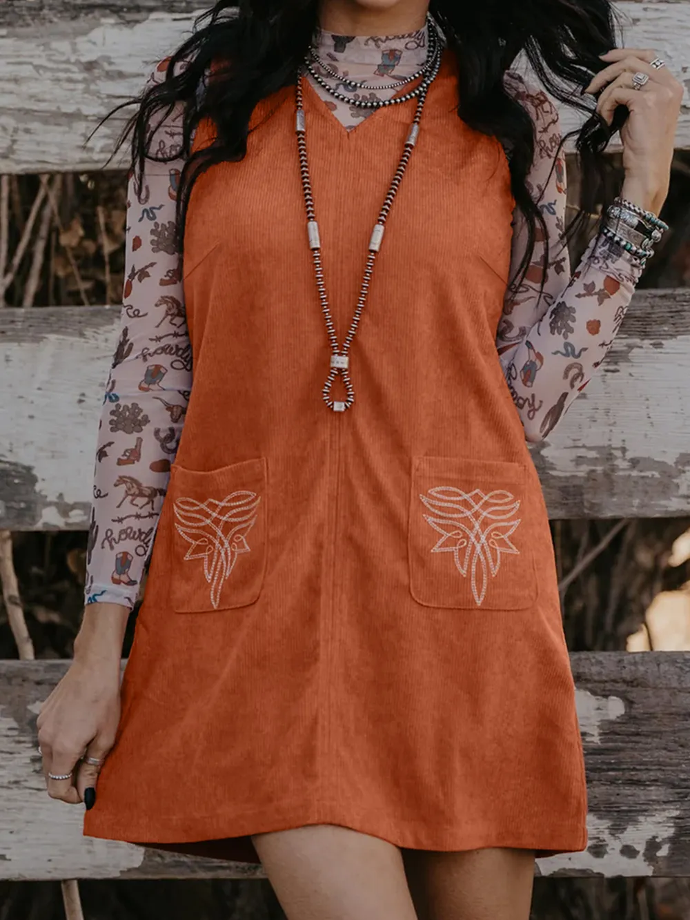 Corduroy Western Embroidered Patched Pocket Shift Sleeveless Mini Dress