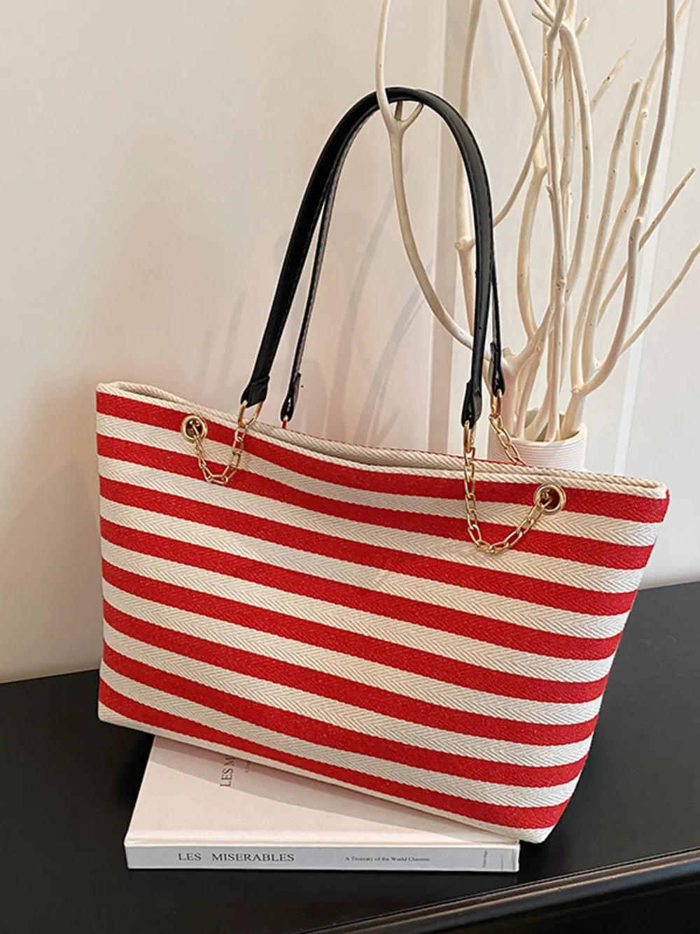 Striped Shoulder Bag with Chain Detail, image 12