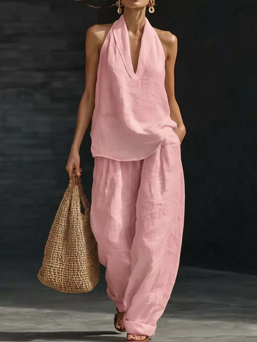 Full Size Halter Neck Top and Wide Leg Pants Set Plus Size, image 16