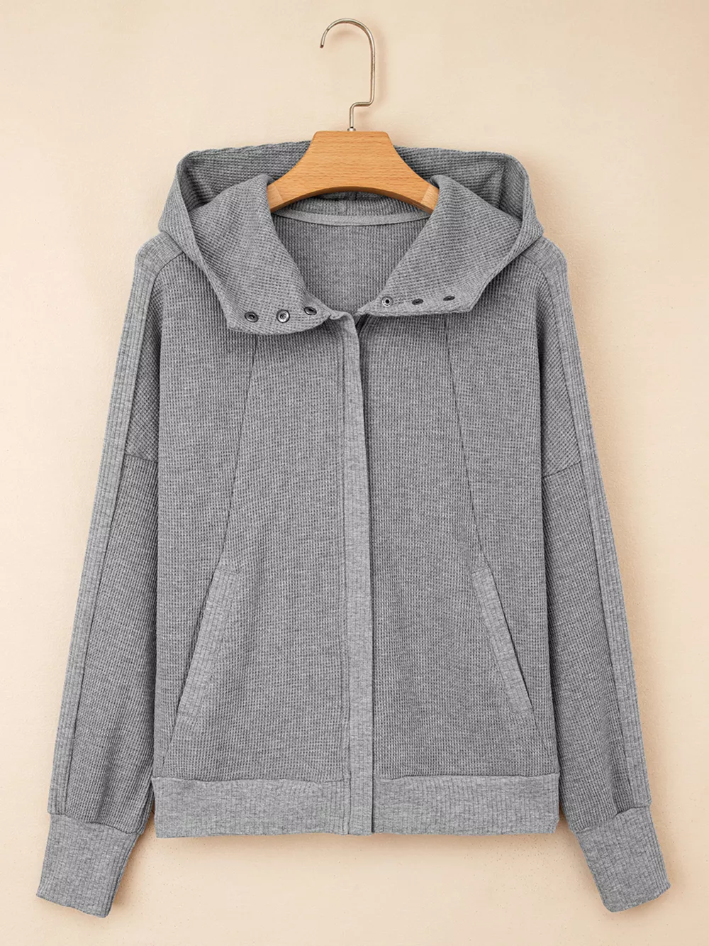 Waffle Splicing Zip Up Front Button Hooded Jacket, image 5