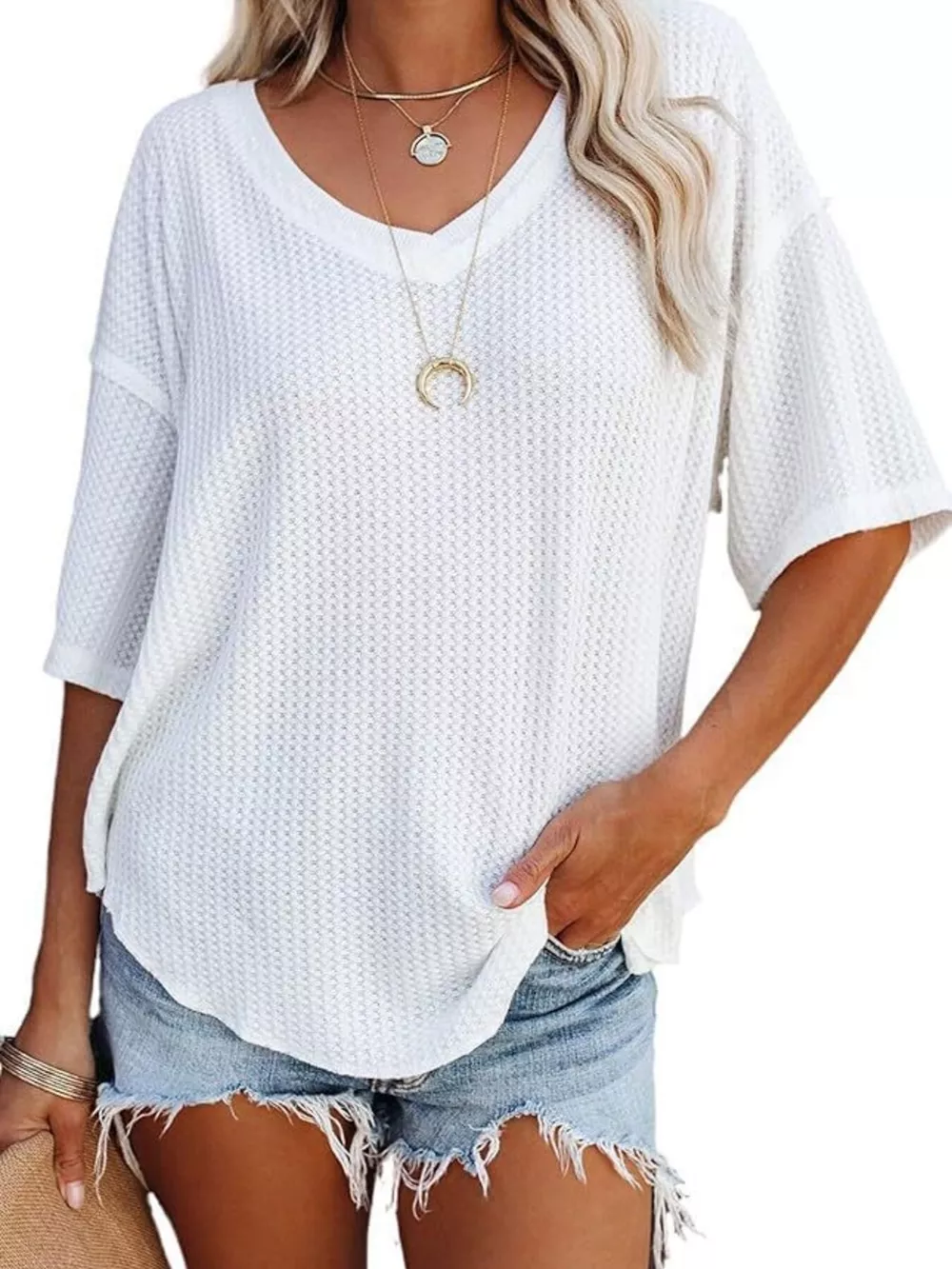 Waffle Knit V-Neck Short Sleeve T-Shirt, image 2