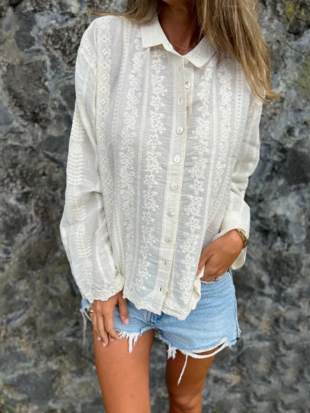 Floral Embroidered Button Down Shirt, image 7