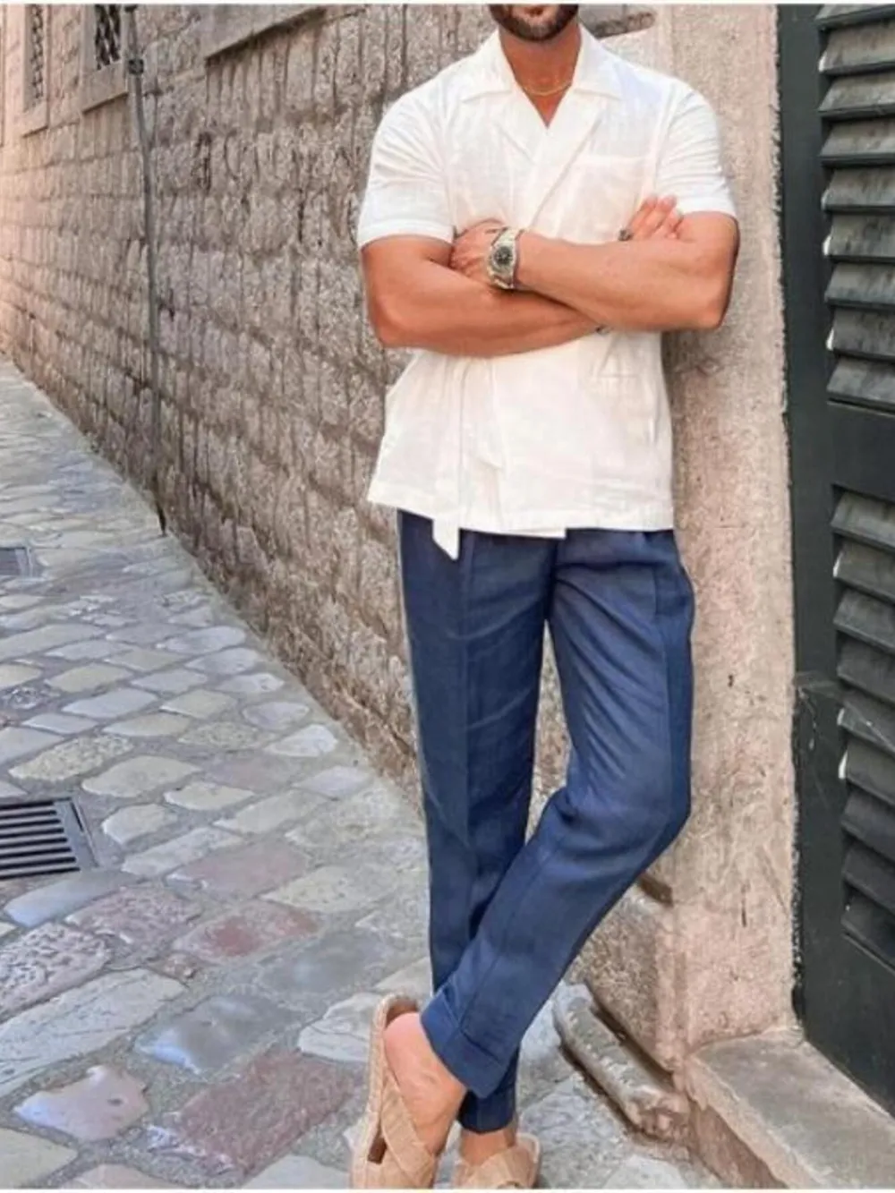 Men's Plus Size Tied Lightweight Linen Wrap Top, image 5
