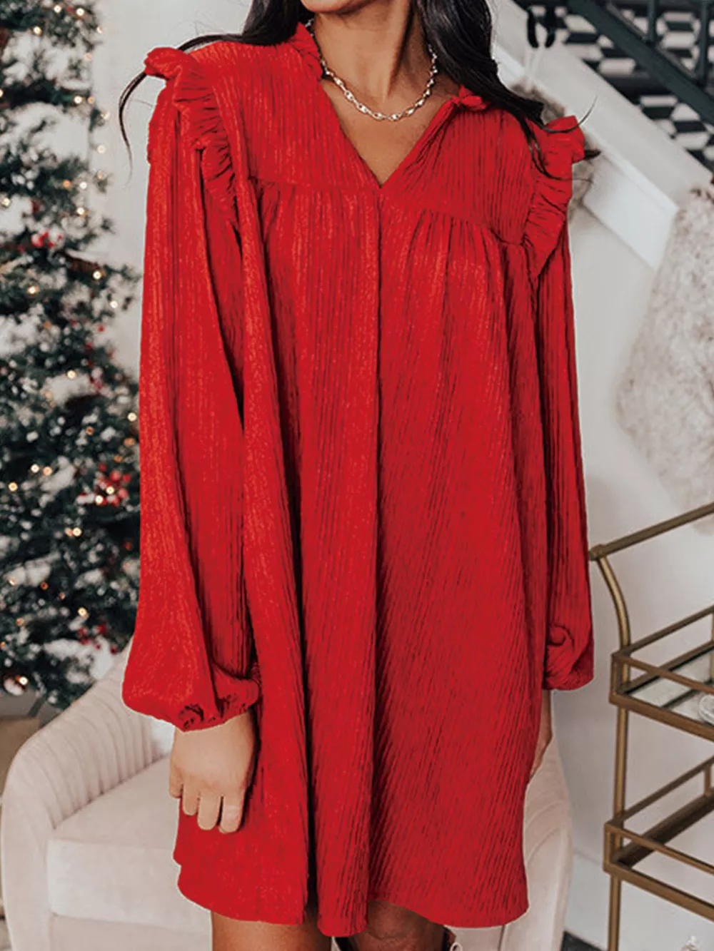 Textured Ruffled Trim Loose Fit Mini Dress