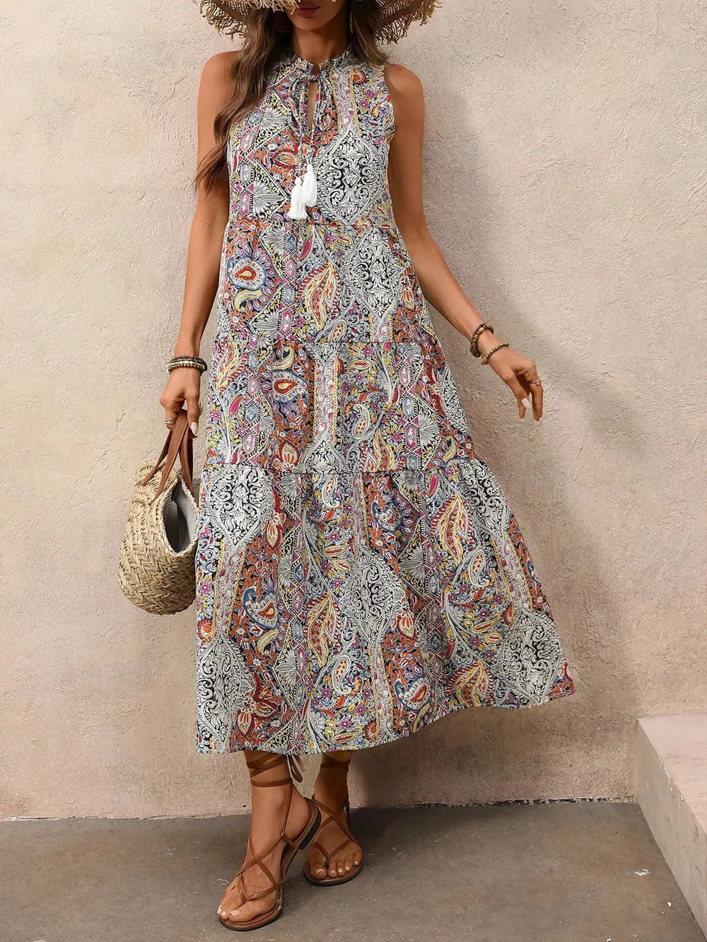 Paisley Print Tie Neck Sleeveless Midi Dress, image 4