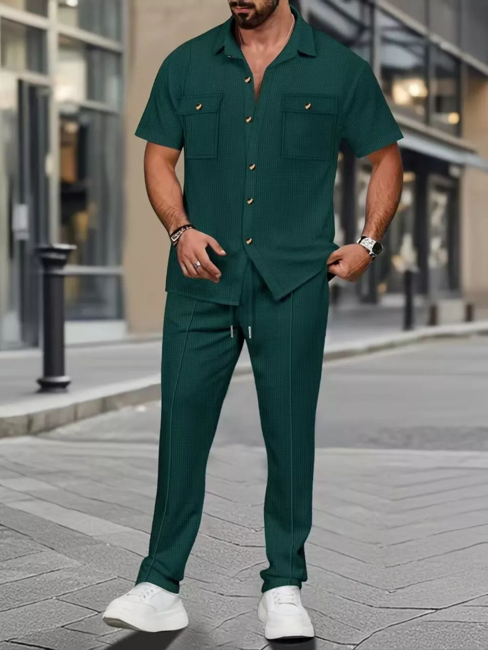 Men's Full Size Casual Short Sleeve Shirt and Pants Set Plus Size, image 3