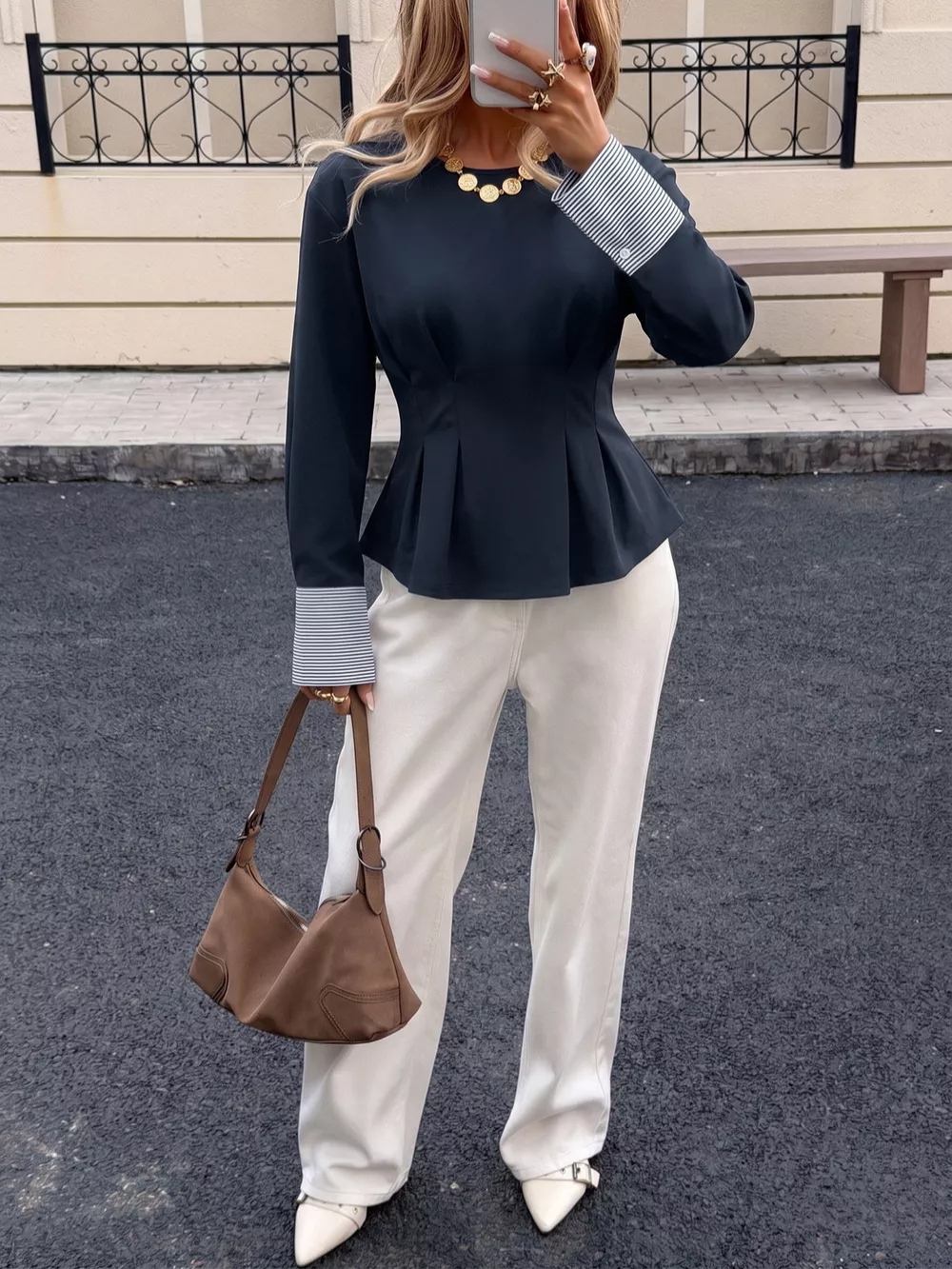 Round Neck Peplum Top with Striped Cuffs, image 5