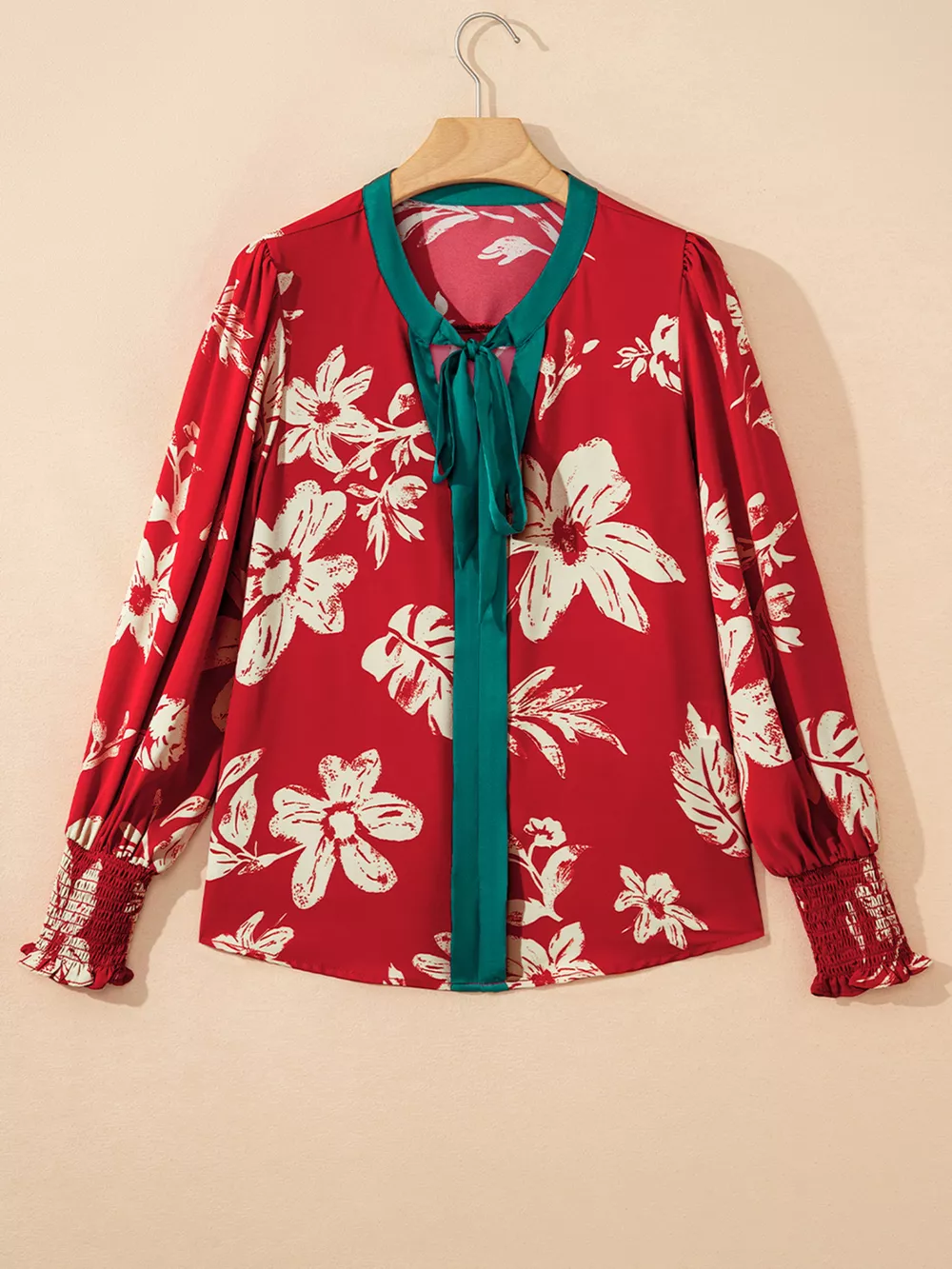 Contrast Tied Neck Shirred Puff Sleeve Flower Blouse, image 3