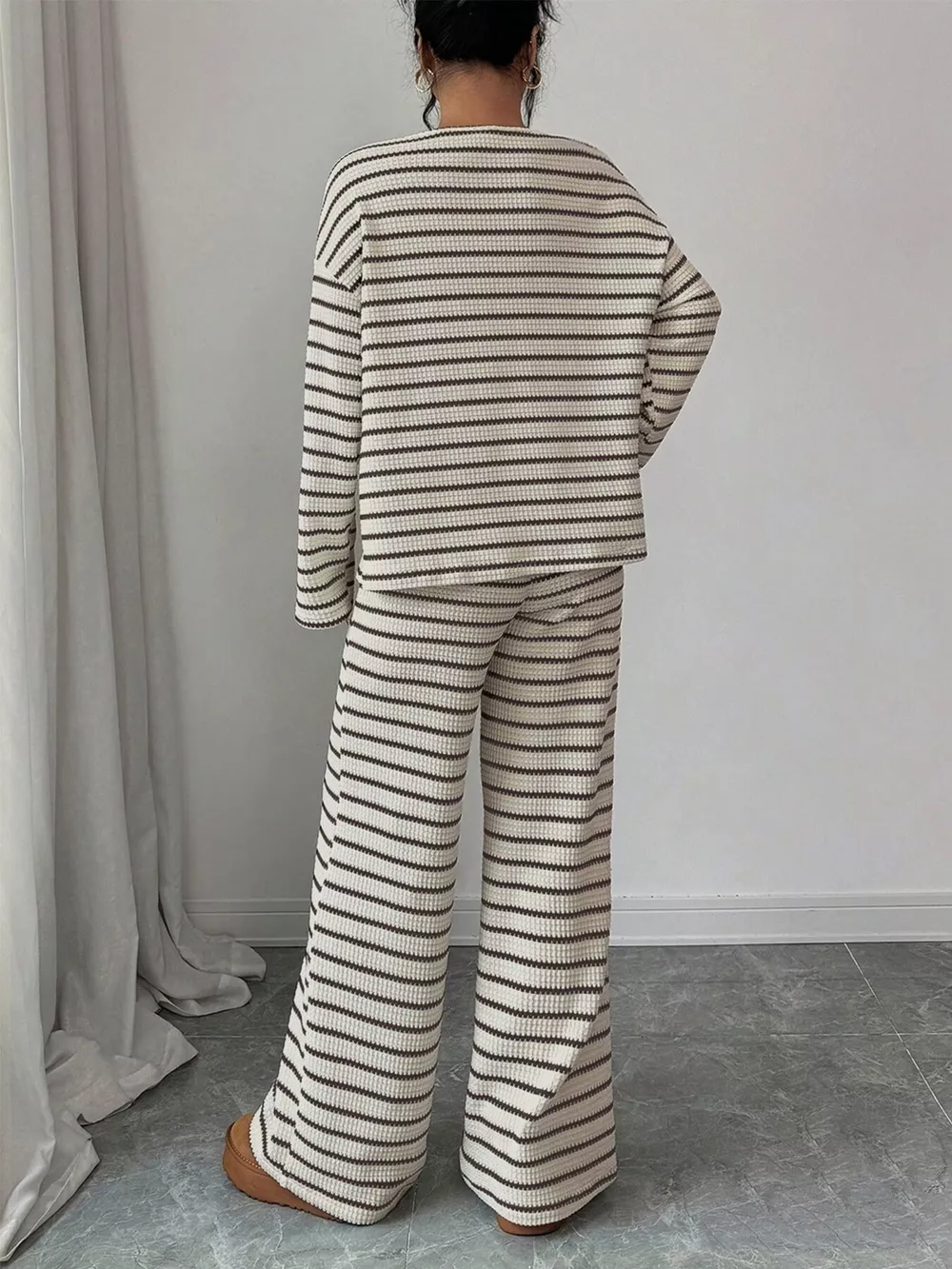 Striped Knit Dropped Shoulder Top and Pants Set, image 4