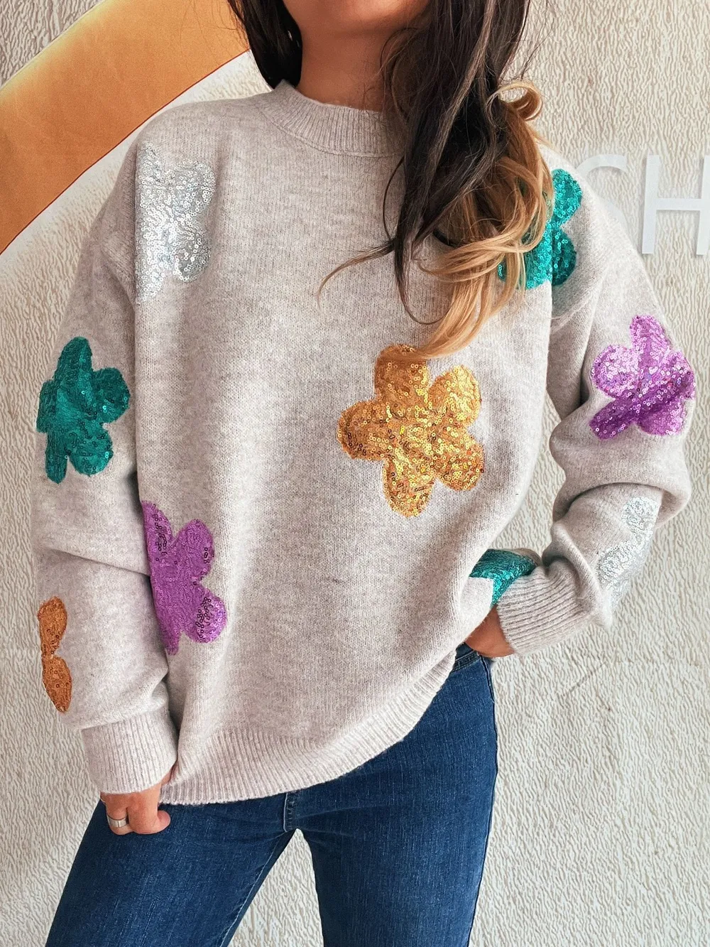 Sequin Flower Round Neck Long Sleeve Sweater, image 5