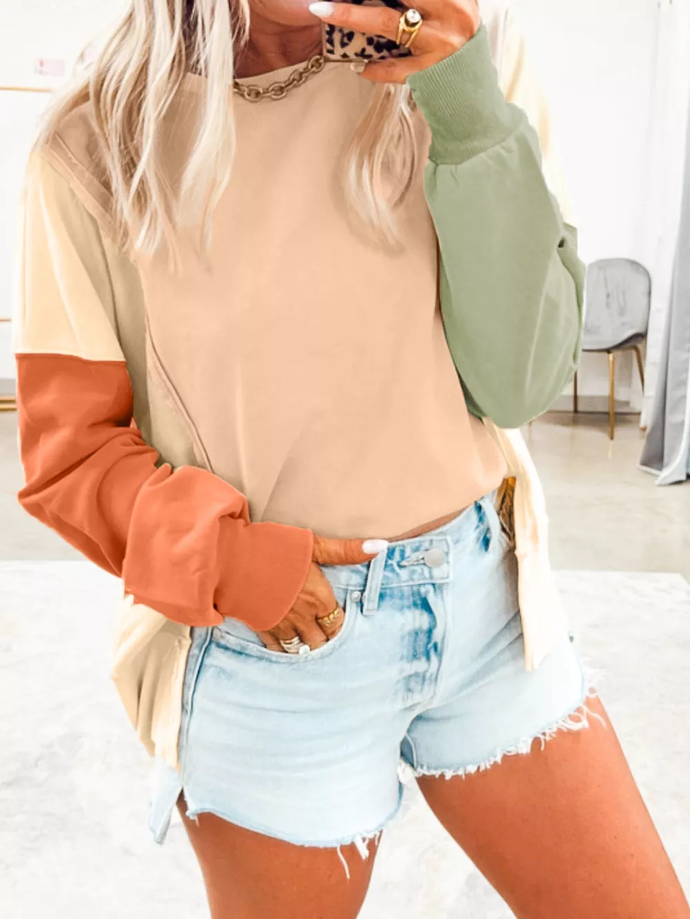Color Block Round Neck Oversized Sweatshirt, image 4