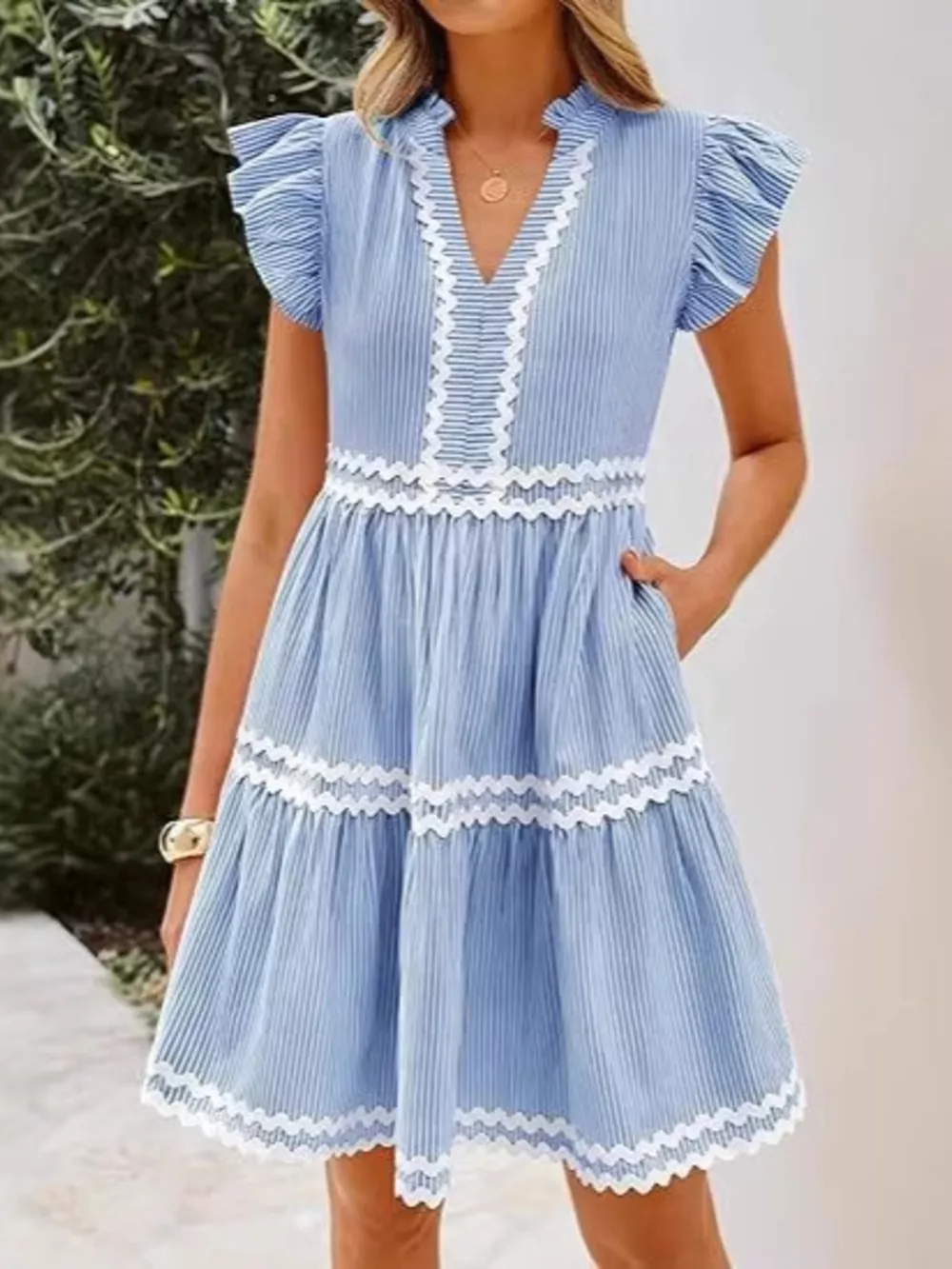 Striped Ruffle Sleeve Tiered Dress, image 7