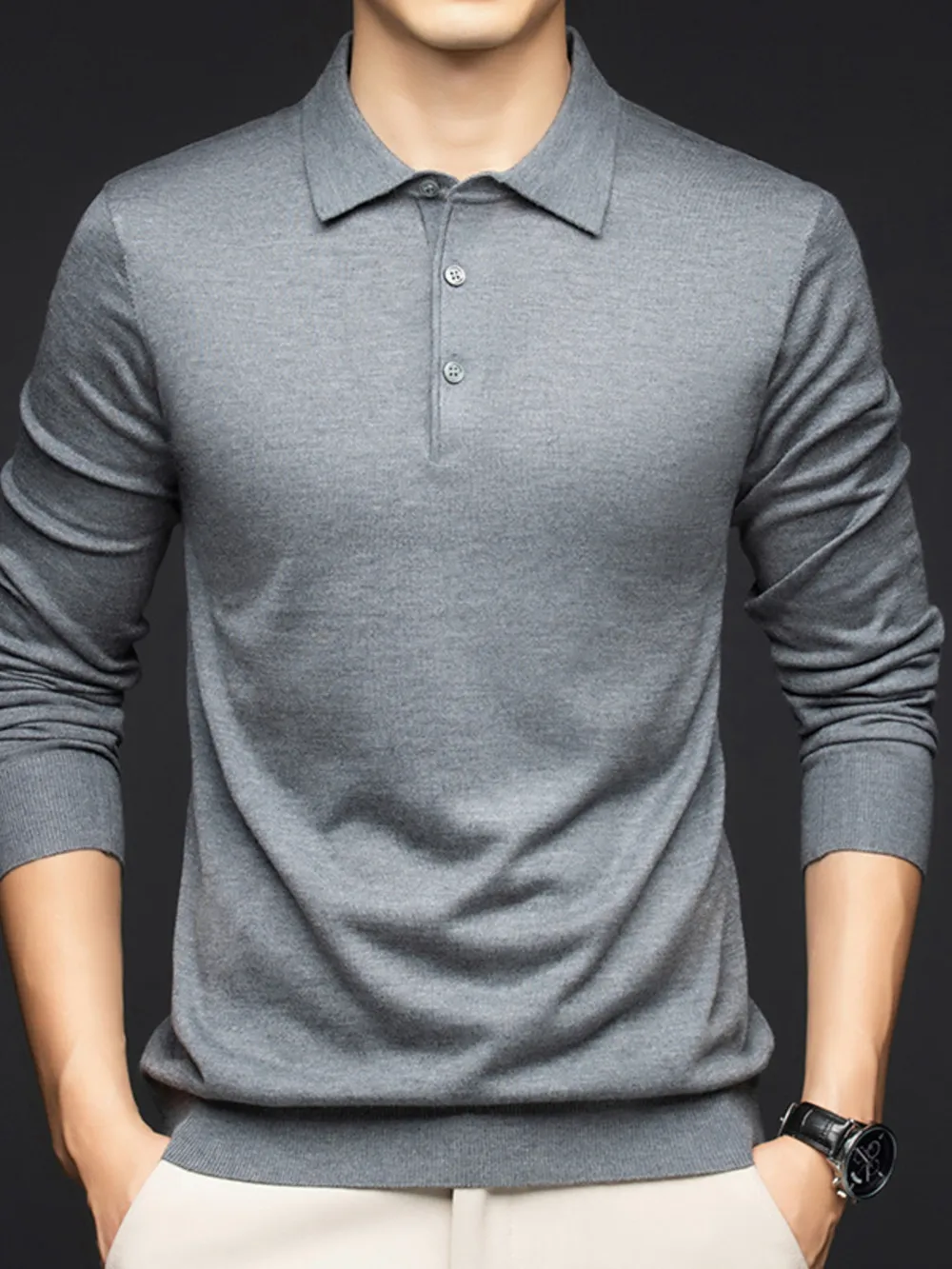 Men's Plus Size Collared Neck Long Sleeve Polo Shirt, image 2