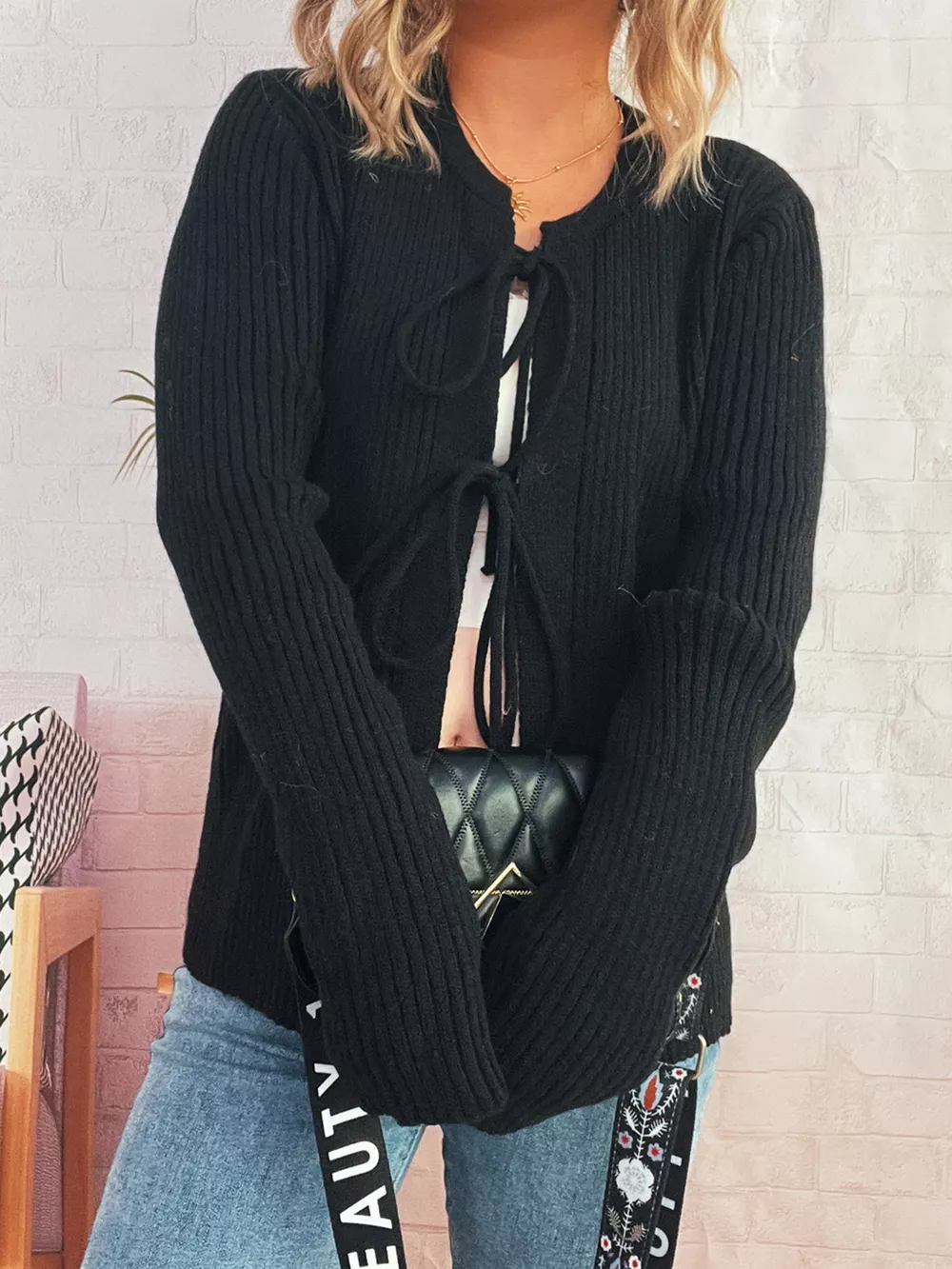 Ribbed Tie Front Long Sleeve Cardigan, image 6