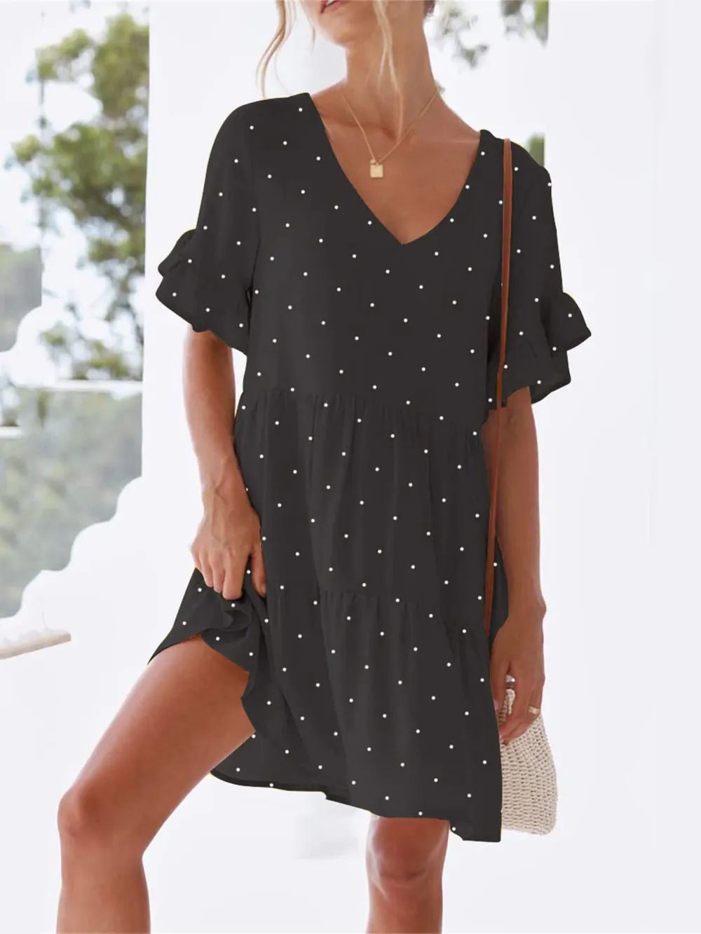 Polka Dot V-Neck Short Sleeve Mini Dress