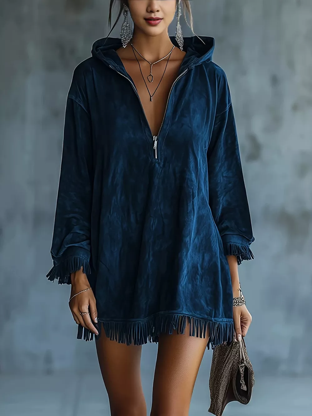 Full Size Hooded Fringed Half Zip Mini Dress Plus Size, image 7