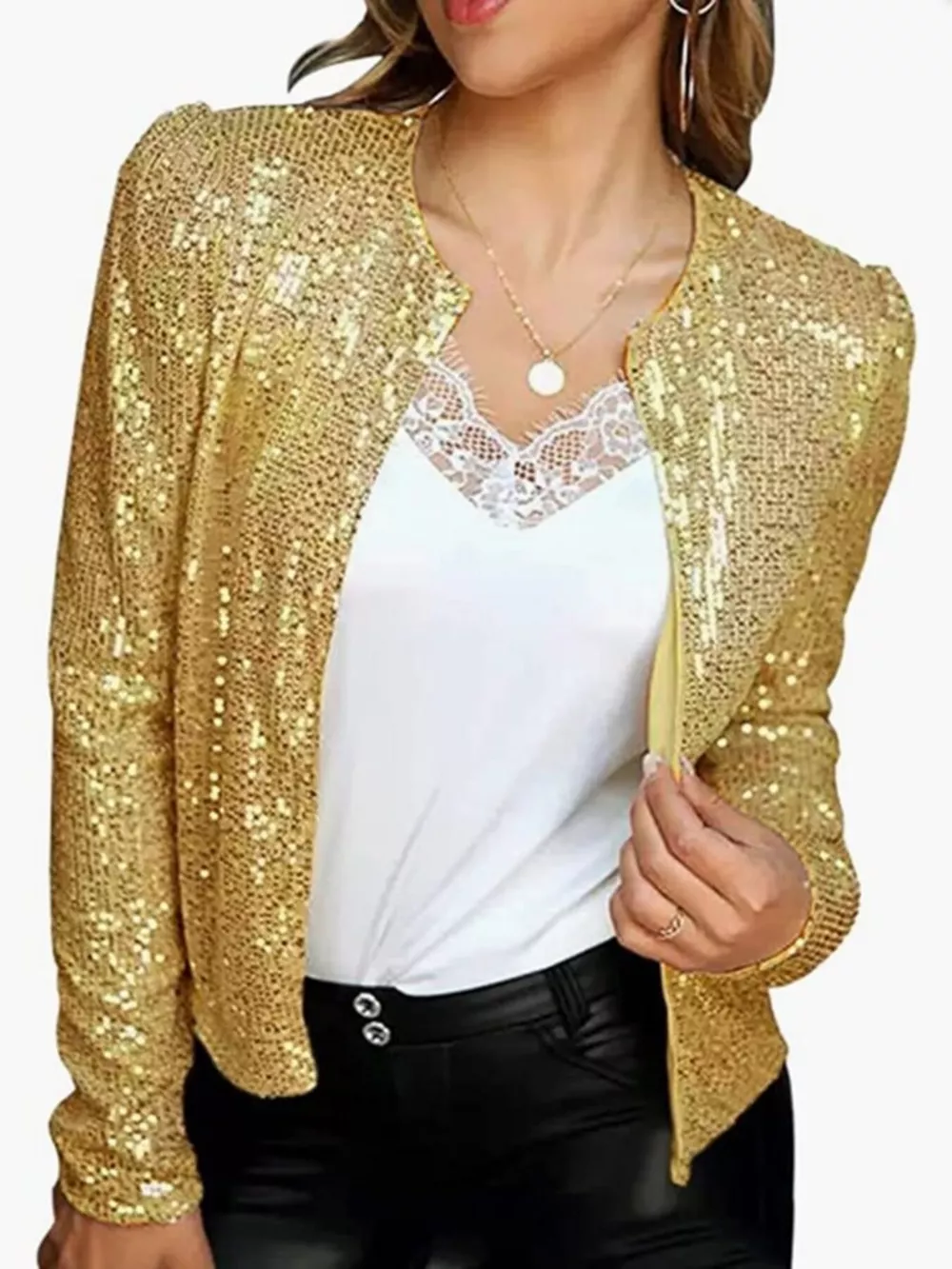 Full Size Sequin Long Sleeve Jacket Plus Size, image 3