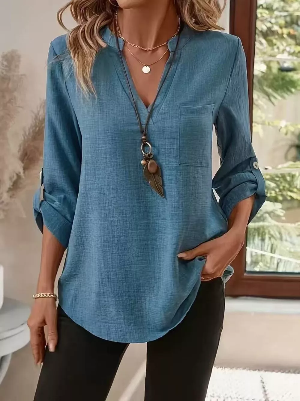 Roll-Up Sleeve Notched Blouse, image 13