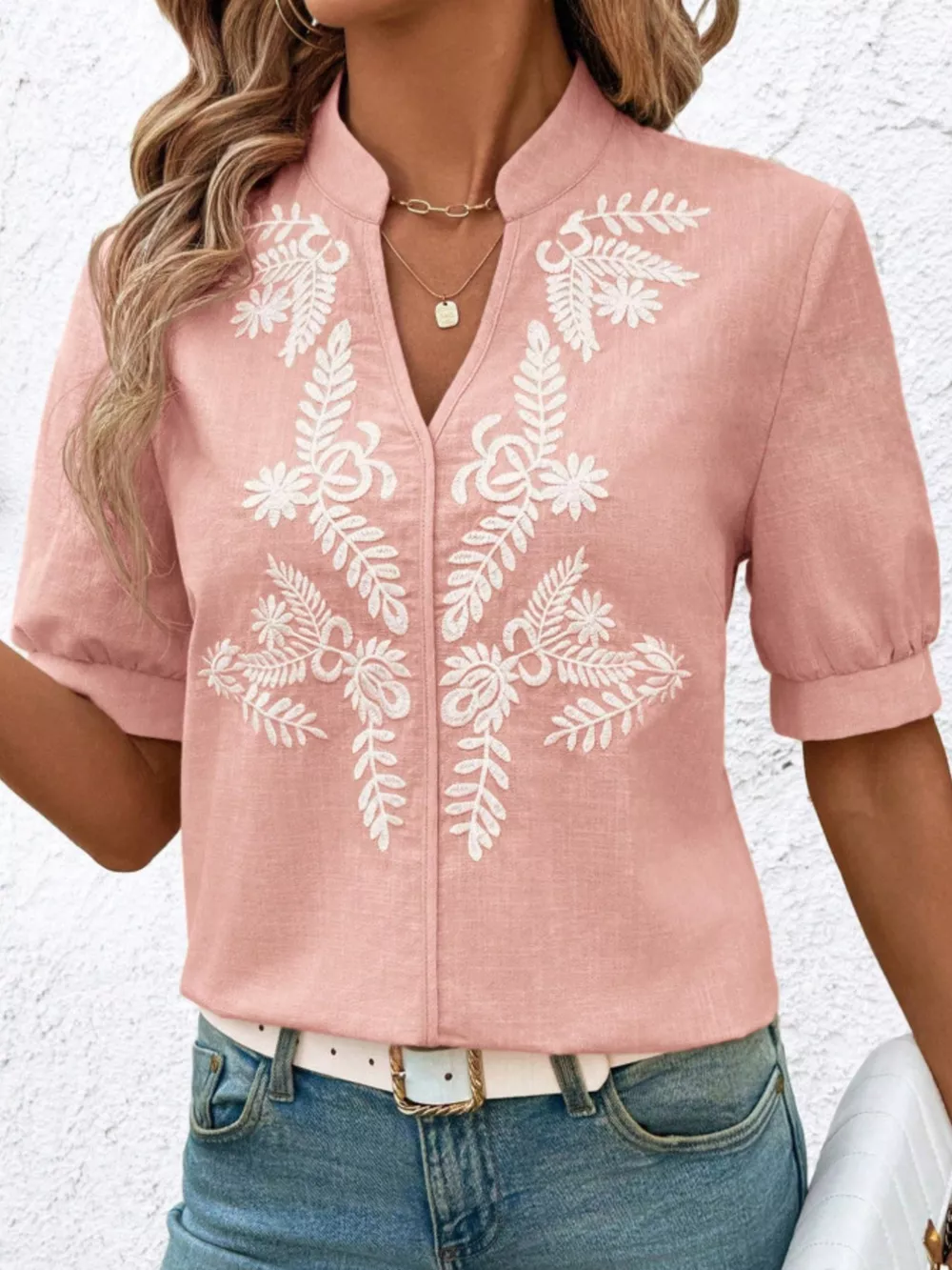 Embroidered Notched Short Sleeve Blouse, image 8