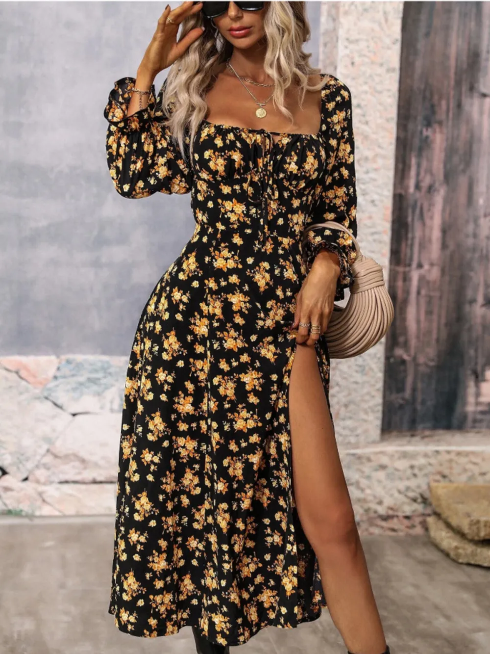 Floral Print Square Neck Flounce Sleeve Dress with Side Slit, image 5